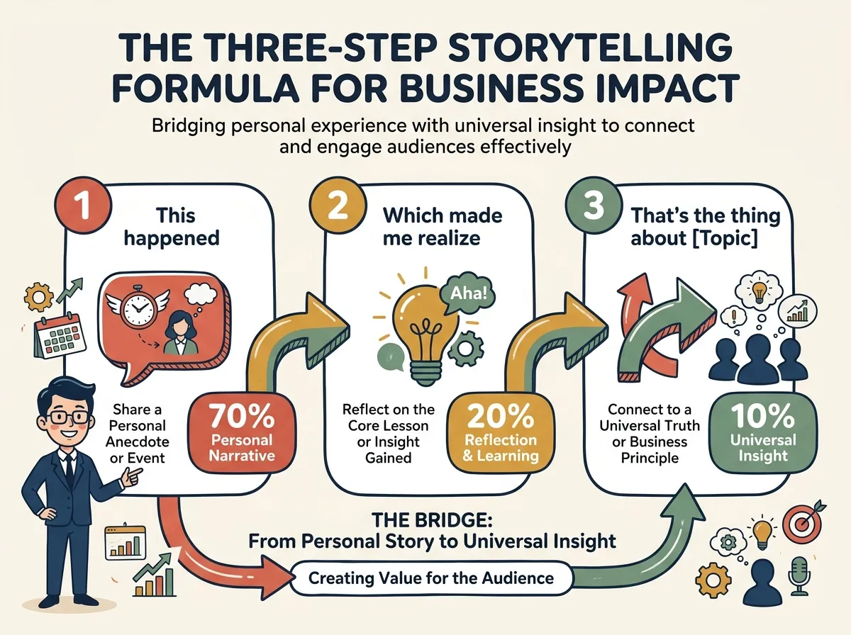 Three-beat storytelling structure: Step 1 'This happened' (speech bubble), Step 2 'Which made me realize' (lightbulb), Step 3 'That's the thing about [topic]' (arrow to audience) — bridging personal story to universal insight