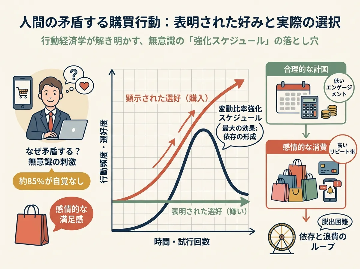 行動経済学チャート：表明選好（dislike）が横ばいなのに対し、顕示選好（購買行動）が上昇するグラフ。可変比率強化スケジュールの曲線を重ね合わせた図