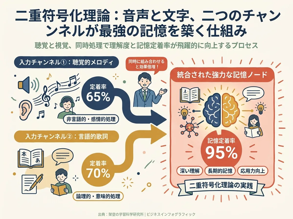二重符号化理論のダイアグラム：音チャネル（メロディ）と言語チャネル（歌詞）が統合されて強い記憶ノードを形成する図。ochre・navy インフォグラフィックスタイル